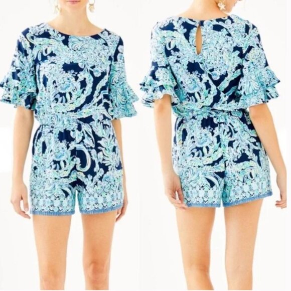 Lilly Pulitzer Pants - LILLY PULITZER Lula Romper High Tide Navy Scuba Doo Engineered Shorts Romper XXS